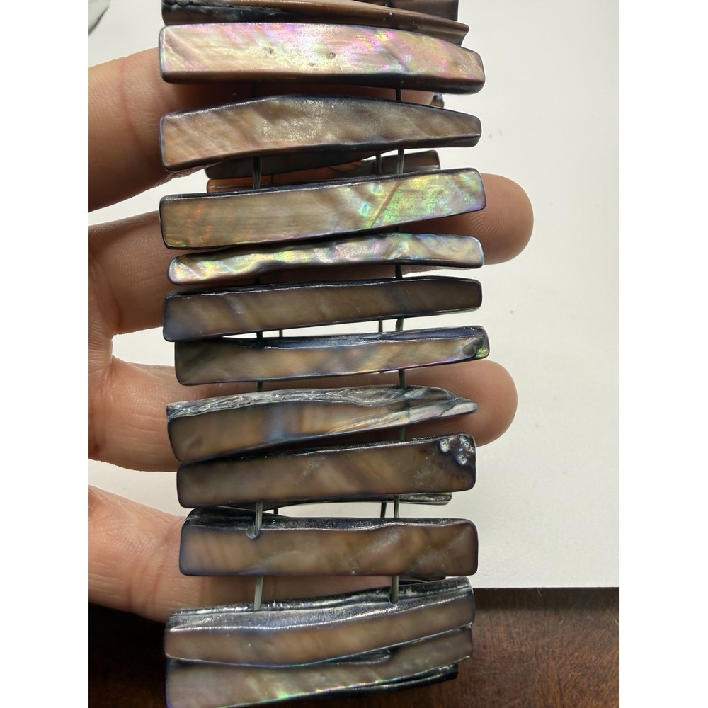 Chunky Brown Abalone Mother of Pearl Shell Stretch Bracelet Iridescent Boho
